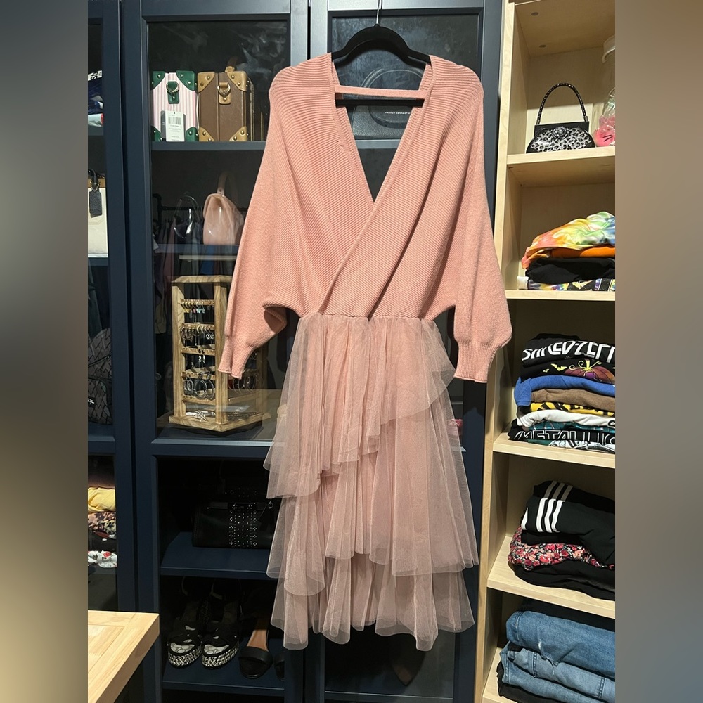 Dusty pink color sweater dress with chiffon overlay skirt